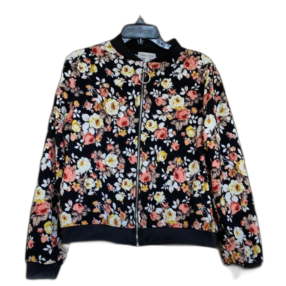 Blue Grey floral print bomber jacket.